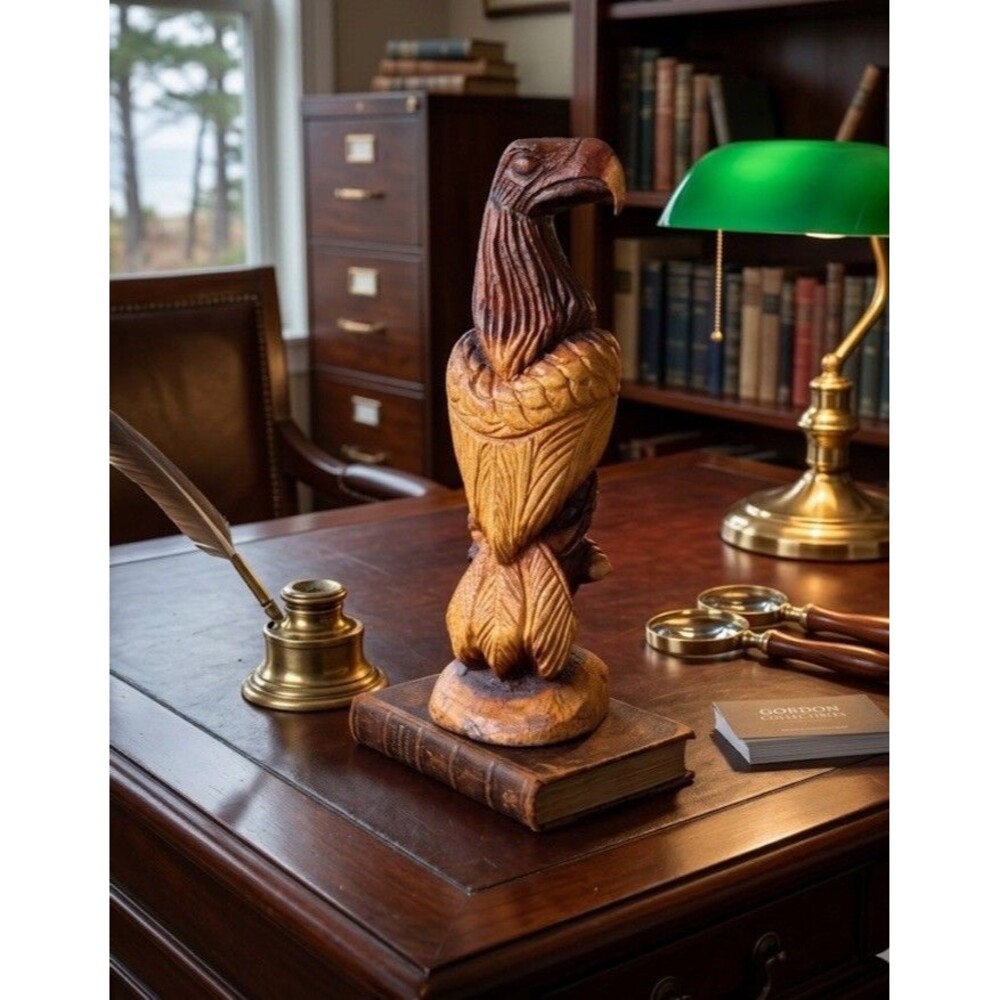 Vintage 12.5” Hand Carved Wood Eagle Sculpture Signed Gordon 199 Large Folk Art